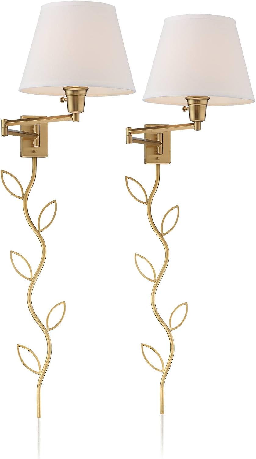 360 Lighting Clement Industrial Swing Arm Wall Lamps Set of 2 Warm Brass Gold Metal Plug-in Light Fixture White Linen Hardback Drum Shade for Bedroom Bedside House Reading Living Room Home