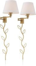 360 Lighting Clement Industrial Swing Arm Wall Lamps Set of 2 Warm Brass Gold Metal Plug-in Light Fixture White Linen Hardback Drum Shade for Bedroom Bedside House Reading Living Room Home