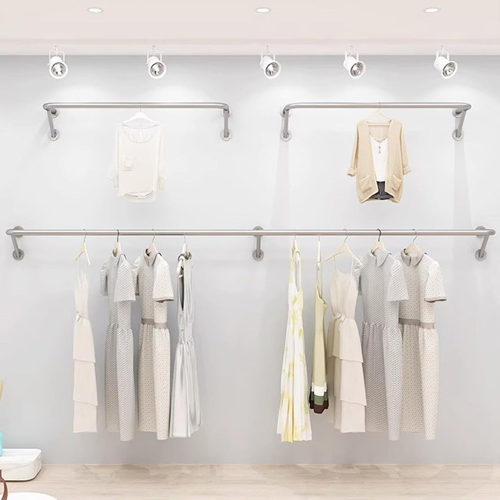 Stainless Steel Wall Mounted Clothes Rail 160cm Space Saving Garment Hanging Rack for Retail Store Display Silver Pipe Clothing Rack (150cm