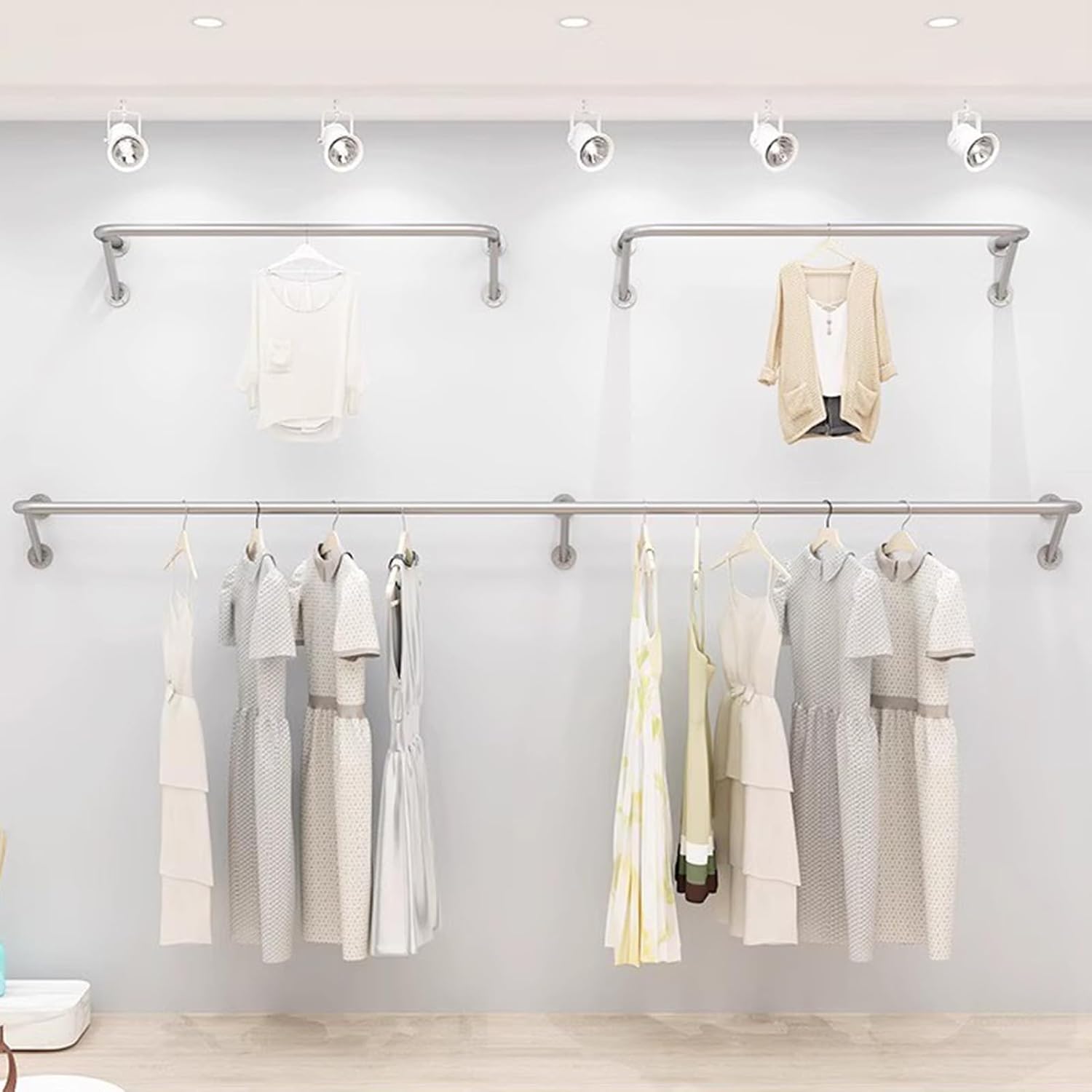 Stainless Steel Wall Mounted Clothes Rail 160cm Space Saving Garment Hanging Rack for Retail Store Display Silver Pipe Clothing Rack (120cm