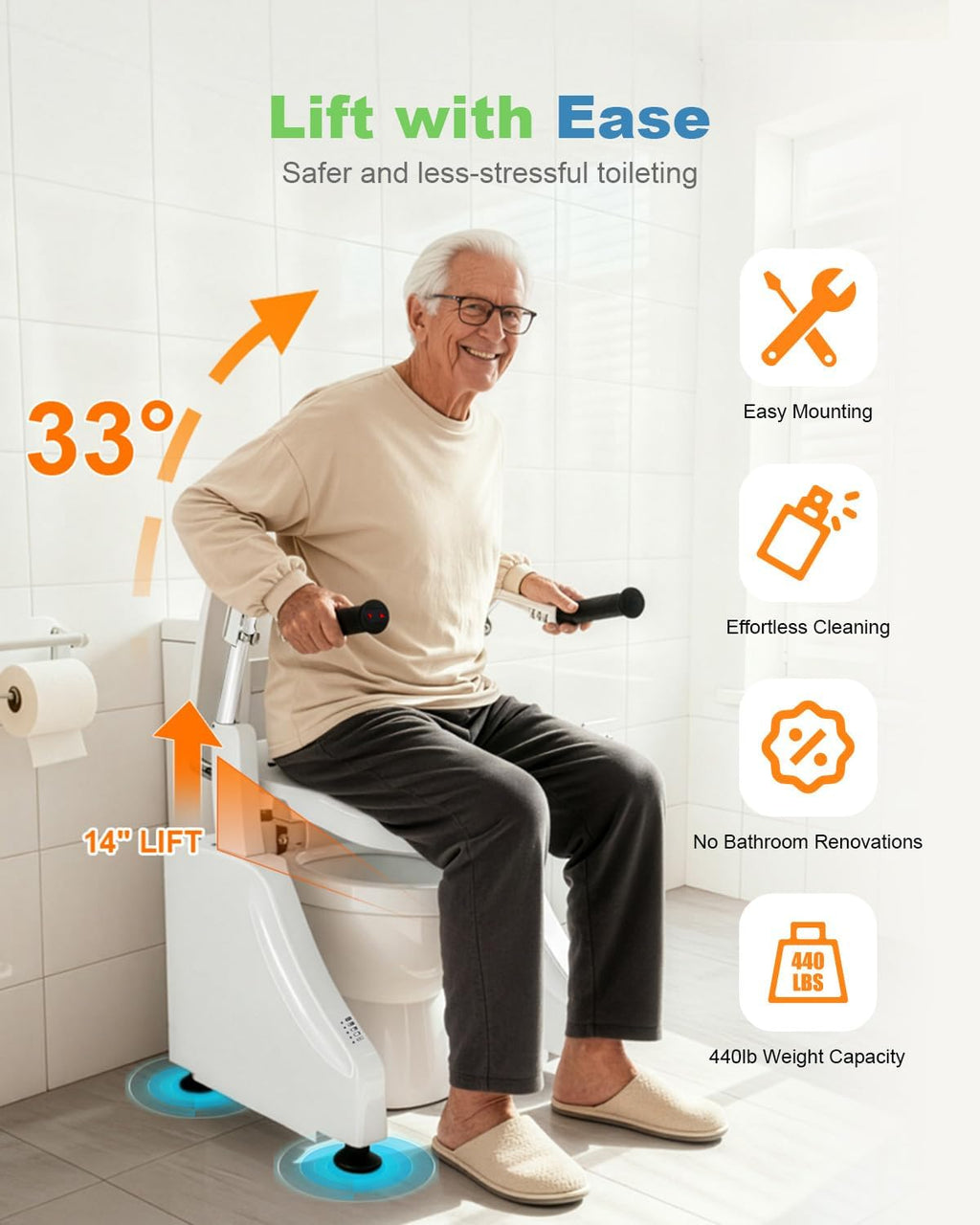 Electric Toilet Seat Lift, 3-in-1 Commode Chair Riser with Backrest, Removable Bucket & Foldable Armrest for Easy Transfer | 440 LBS Heavy-Duty, Mobility Aids for Seniors & Disabled
