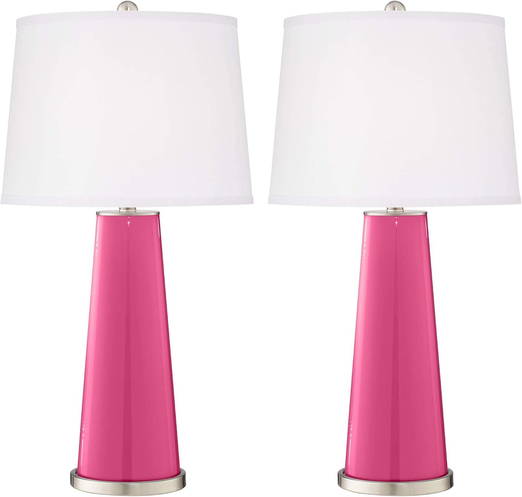 Color + Plus Leo Modern Table Lamps 29 1/2' Tall Set of 2 Blossom Pink Glass Tapered Column Plain White Drum Shade Decor for Bedroom Living Room House Home Bedside Nightstand Office Family