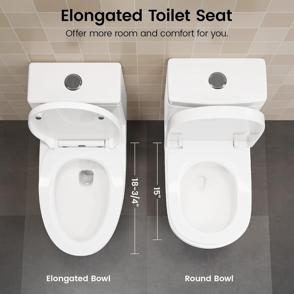 SOTOMO K-0351DF Elongated One Piece Toilet, ADA Comfort Seat Height 17.2', Dual Flush 1.1/1.6 GPF Compact Toilet, Soft-Close Seat, 12' Rough-In, MAP 1000g for Bathrooms, Modern White Skirted Toilet