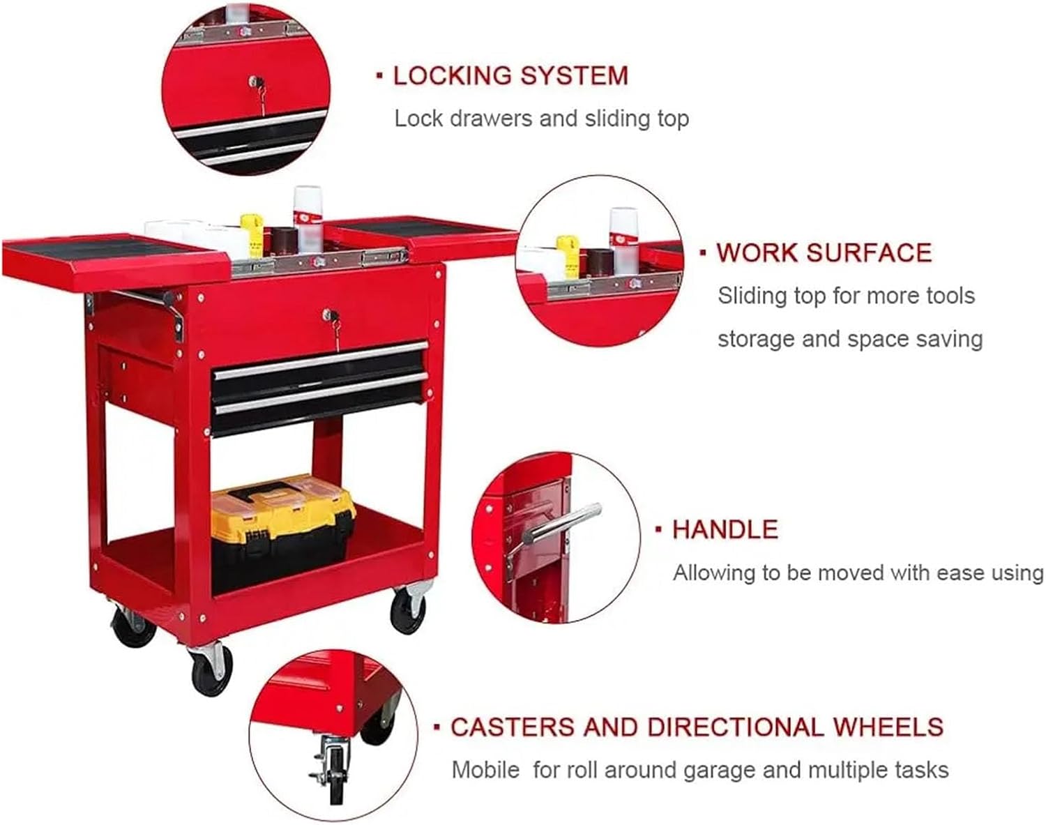 Tool Box Rolling Garage Workshop Tool Organizer with Directional Wheels, 2 Drawer Tool Chest Tray with Top Work Surface and Storage Push Cart Hardware Toolbox