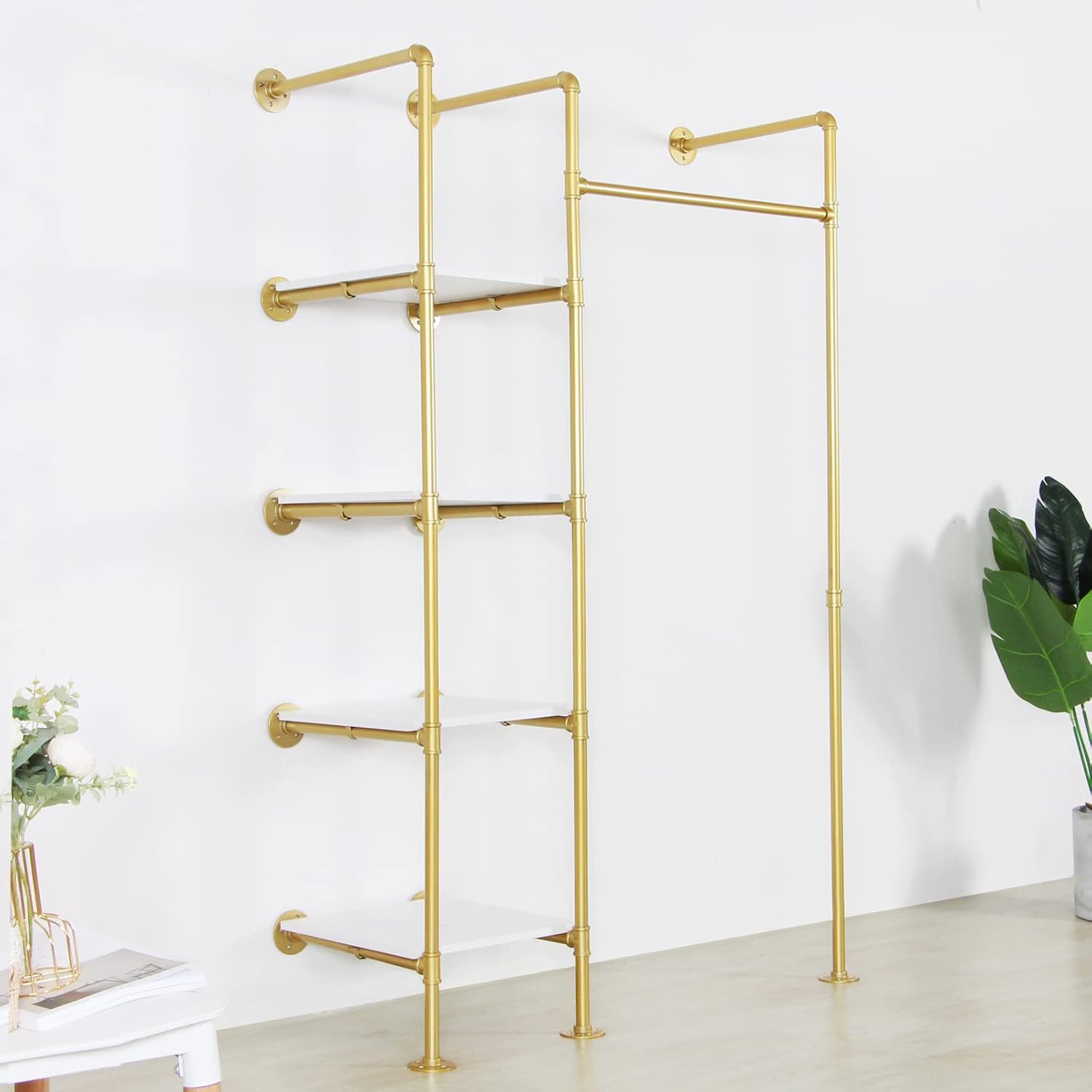 Garment Rack Heavy Duty Clothes Rack for Hanging Clothes, Metal Freestanding Closet Wardrobe Shelf, Gold Industrial Pipe Clothing Racks with Shelves Closet Rods System