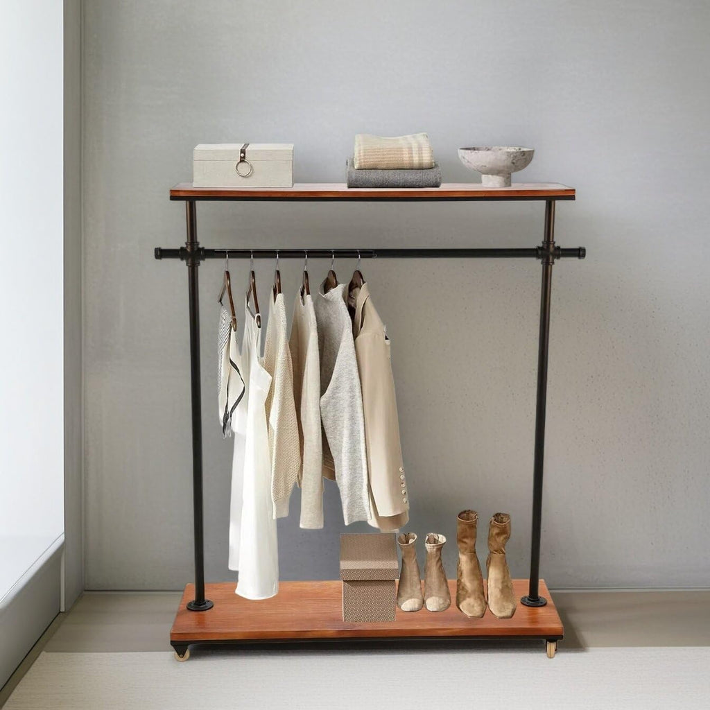 Industrial Pipe Clothing Rack, Pine Wood Shelving, Shoes Rack with Wheels, Cloth Hanger, Household Shoe Rack, Pipe Shelf, Garment Racks