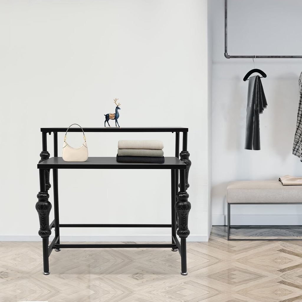 Standing Clothing Shoes Display Rack, 2 Tier Retro Unit Storage Shelves，Metal Handbag Display Stand, Industrial Retail Display Tables with Adjustable Feet, for Retail & Clothing Stores