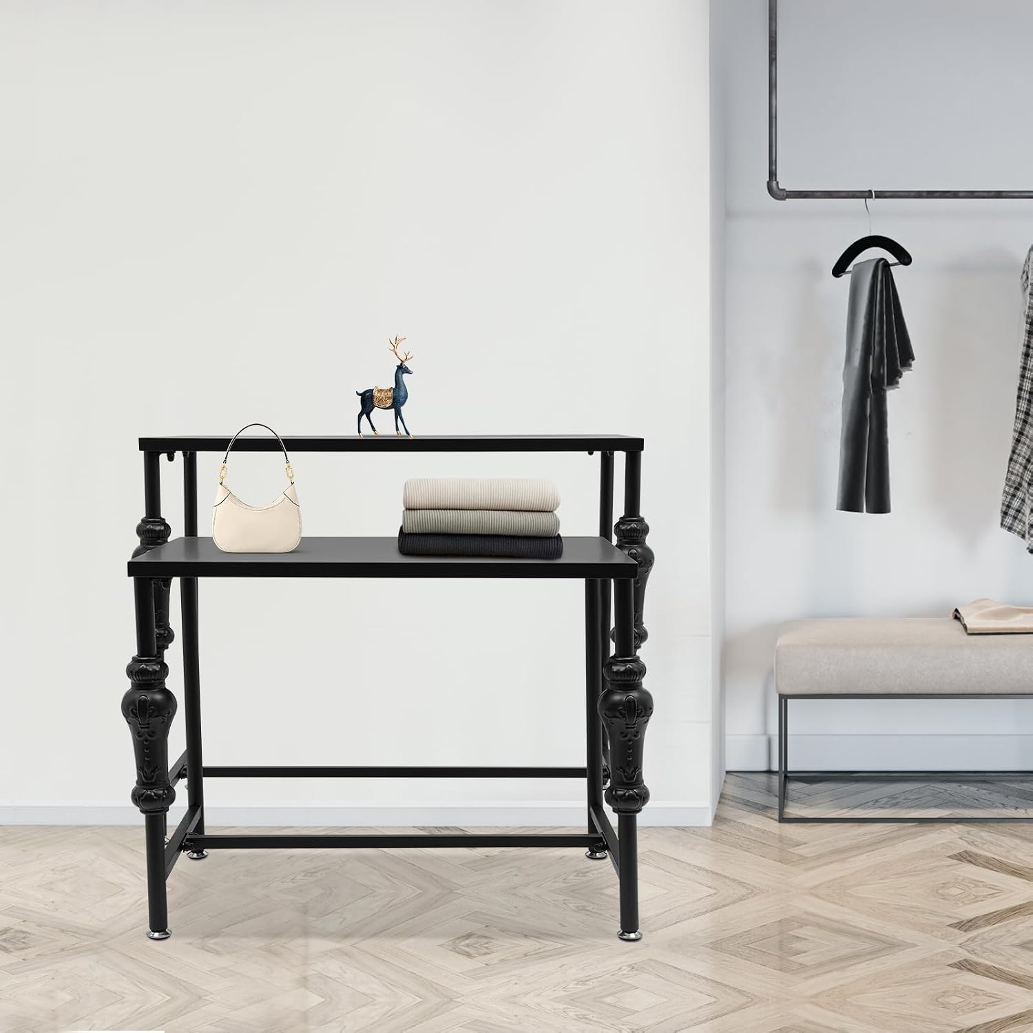 Standing Clothing Shoes Display Rack, 2 Tier Retro Unit Storage Shelves，Metal Handbag Display Stand, Industrial Retail Display Tables with Adjustable Feet, for Retail & Clothing Stores