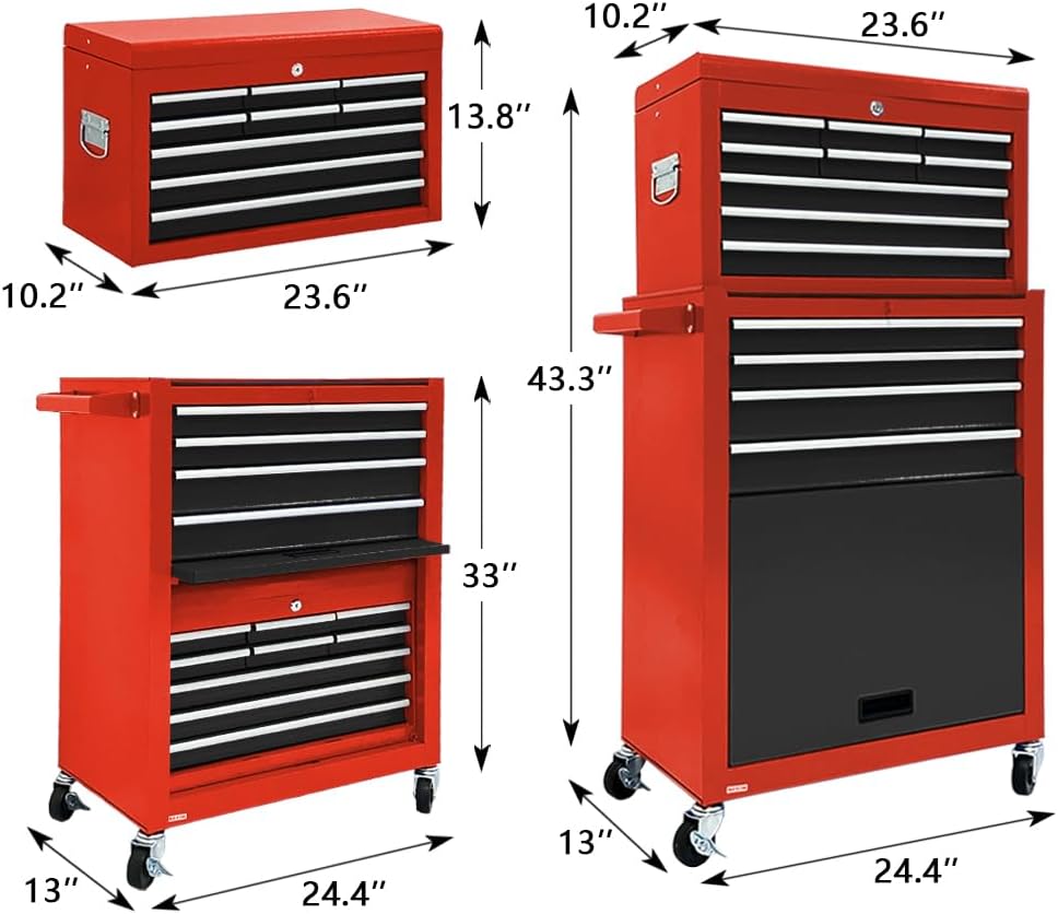 13-Drawer Rolling Tool Chest, 2-in-1 Heavy Duty Detachable Storage Cabinet with Lockable Wheels & Removable Top Box, 600 lbs Capacity for Mechanics, Garage Workshop (Red＆Black)
