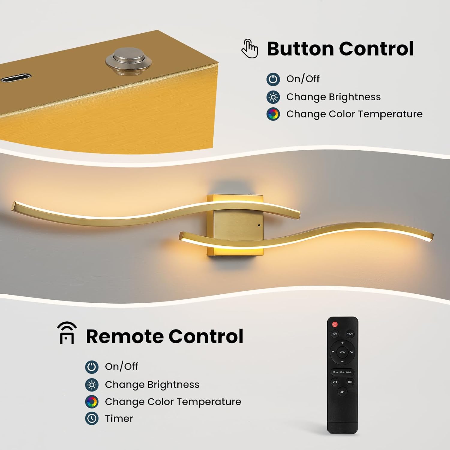 Gold Battery Operated Wall Sconces: 39.3 Inch Rechargeable Wall Sconce Set of 2 with Remote Control/3 Colors/10-100% Dimming/Timer Modern LED Wall Light for Bedroom Living Room Hallway Bathroom, 2 Pcs