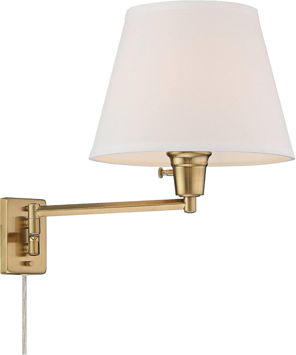 360 Lighting Clement Industrial Swing Arm Wall Lamps Set of 2 Warm Brass Gold Metal Plug-in Light Fixture White Linen Hardback Drum Shade for Bedroom Bedside House Reading Living Room Home