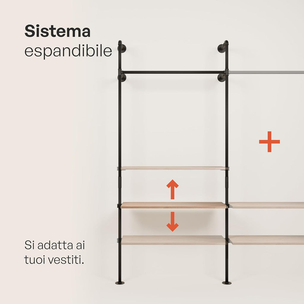 pamo Industrial Pipe Clothing Rack with Shelf – Wall Mounted Closet System, Black Powder-Coated Steel, Oak Boards – Walk-In Closet Organizer & Retail Clothing Rack