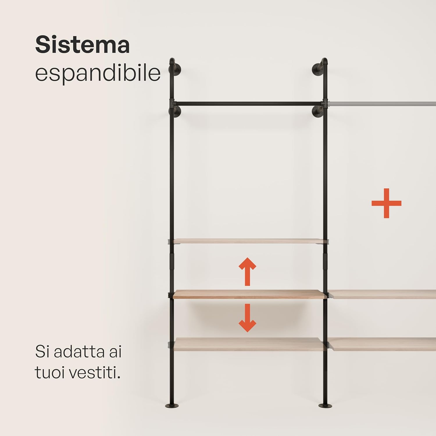 pamo Industrial Pipe Clothing Rack with Shelf – Wall Mounted Closet System, Black Powder-Coated Steel, Oak Boards – Walk-In Closet Organizer & Retail Clothing Rack