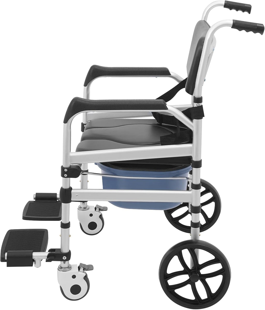 Foldable Shower Chair, Shower Wheelchair with Lockable Wheels Rolling Bedside Commode for Toilet with Height Adjustable & Sponge Padded Seat for Elderly Support 330lbs+Extra Cushion (U-Shape)