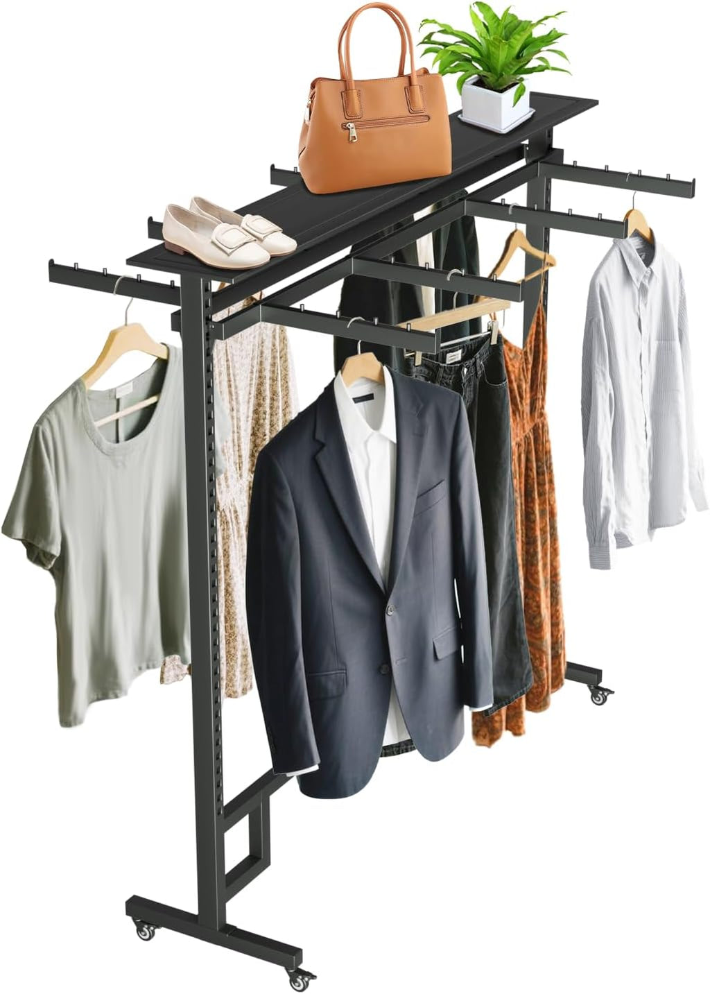 Retail Clothing Rack with Adjustable 8 Arms, Portable Boutique Display Hanging Stand on Wheels and Top Shelf, Floor Standing Metal Garment Shirts Racks, Black