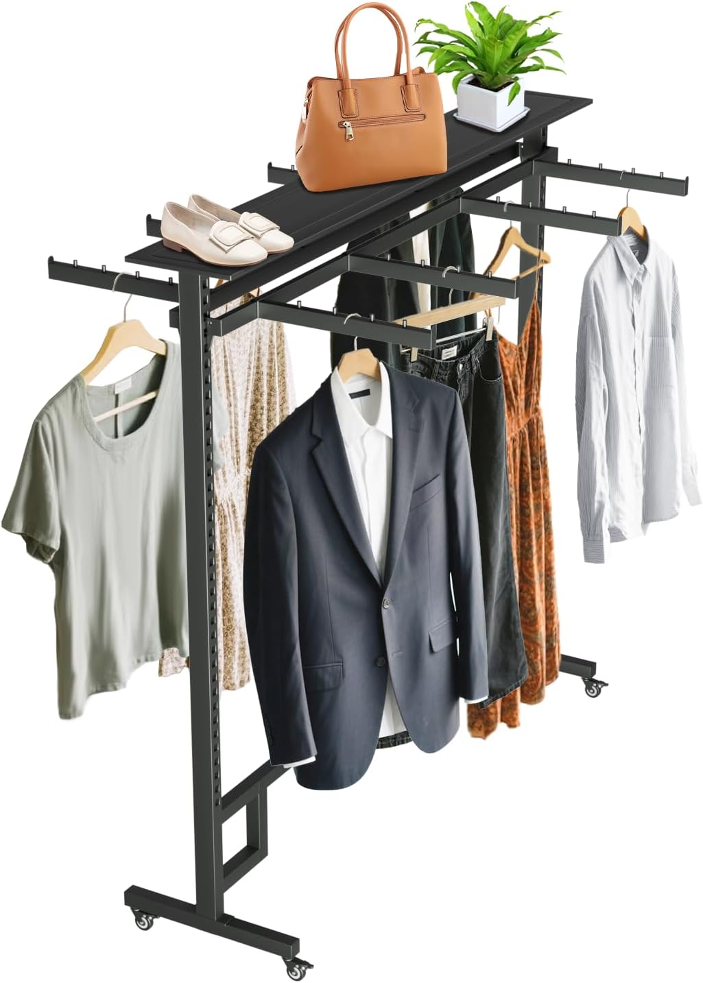 Retail Clothing Rack with Adjustable 8 Arms, Portable Boutique Display Hanging Stand on Wheels and Top Shelf, Floor Standing Metal Garment Shirts Racks, Black