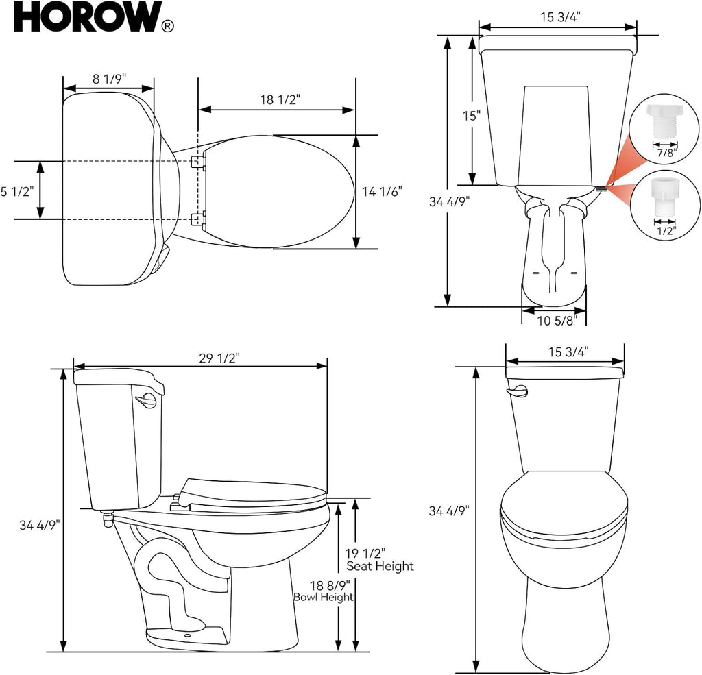 HOROW 19 Inch Tall Toilets, Extra High Toilets with Comfort Chair Height Seat, MAP 1000g, 1.28 GPF Single Flush Two-Piece Toilet, Elongated Bowl for Seniors, Pregnant, Disabled & Tall Person, White