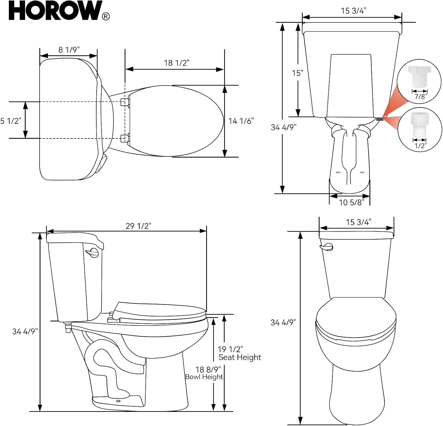 HOROW 19 Inch Tall Toilets, Extra High Toilets with Comfort Chair Height Seat, MAP 1000g, 1.28 GPF Single Flush Two-Piece Toilet, Elongated Bowl for Seniors, Pregnant, Disabled & Tall Person, White