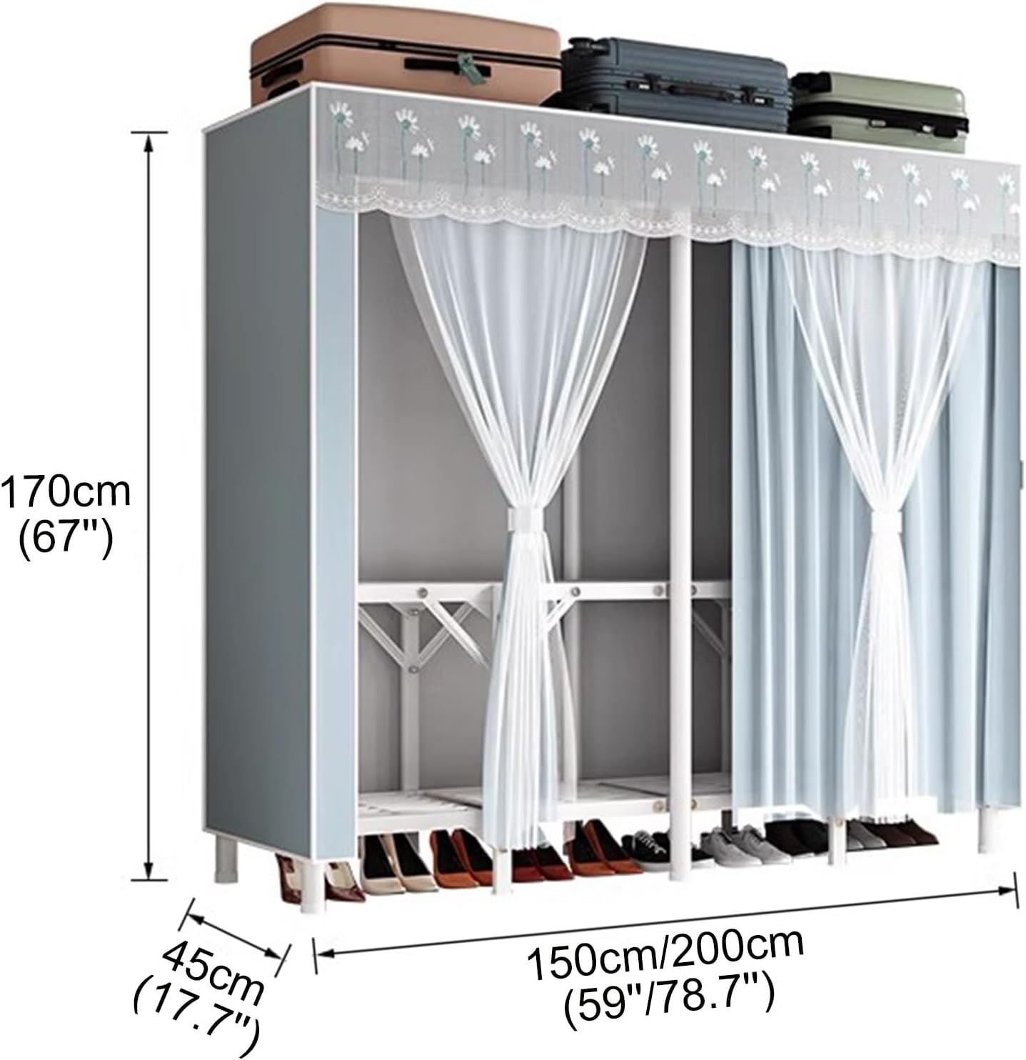 Portable Wardrobe Closet for Hanging Clothes, Metal Freestanding Armoire Wardrobe Clothes Rack with Fabric Cover, Large Capacity Garment Rack Clothes Organizer with Shelves, For Bedroom(Pink,78.7''x17