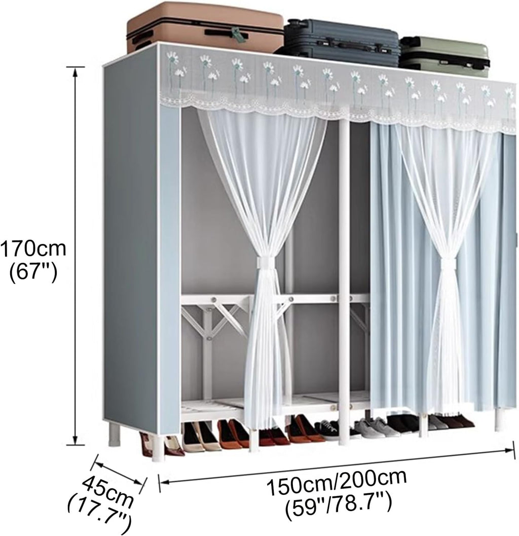 Portable Wardrobe Closet for Hanging Clothes, Metal Freestanding Armoire Wardrobe Clothes Rack with Fabric Cover, Large Capacity Garment Rack Clothes Organizer with Shelves, For Bedroom(Blue,59''x17.7