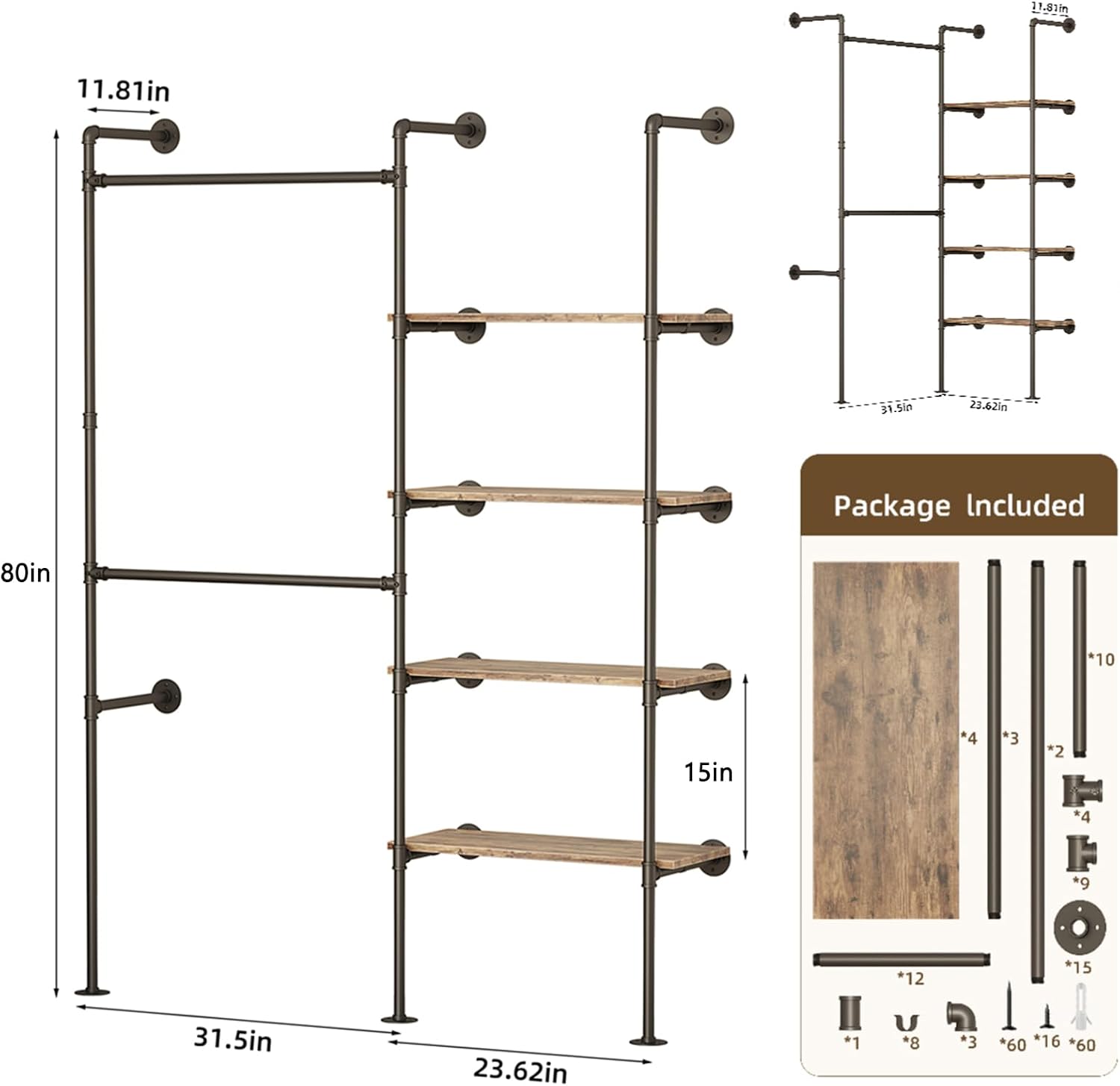 Industrial Pipe Clothing Rack, Heavy Duty Adjustable Garment Hanger with Shelves, 2 Installation Methods Closet Storage System for Wardrobe Organization (Black, 80' H x 55' W)