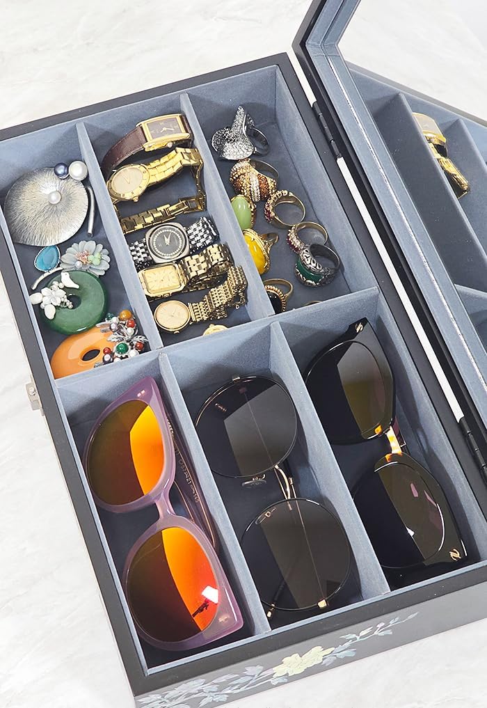 Antique Alive Mother of Pearl Wood Sunglasses Box Eyeglasses Valet Display Storage Case for Glasses Jewelry Trinkets Accessory Organizer (Peacock Black)