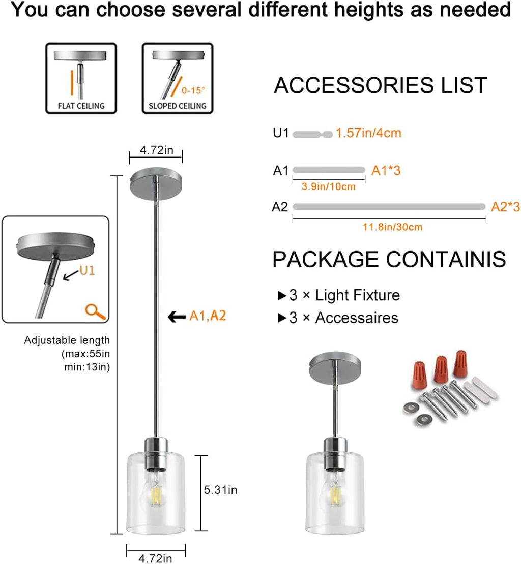 Chrome Pendant Lights Kitchen Island - Clear Glass Pendant Light Fixture Multiple Stems Rods 3 Units 12 Inch 3 Units 4 Inch (3 Pack Chrome Downrod)