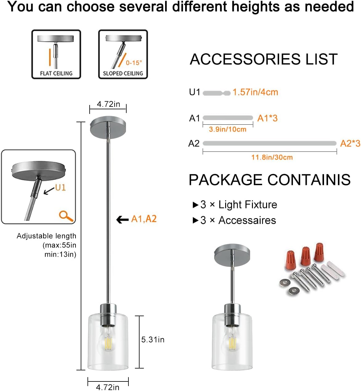 Chrome Pendant Lights Kitchen Island - Clear Glass Pendant Light Fixture Multiple Stems Rods 3 Units 12 Inch 3 Units 4 Inch (3 Pack Chrome Downrod)
