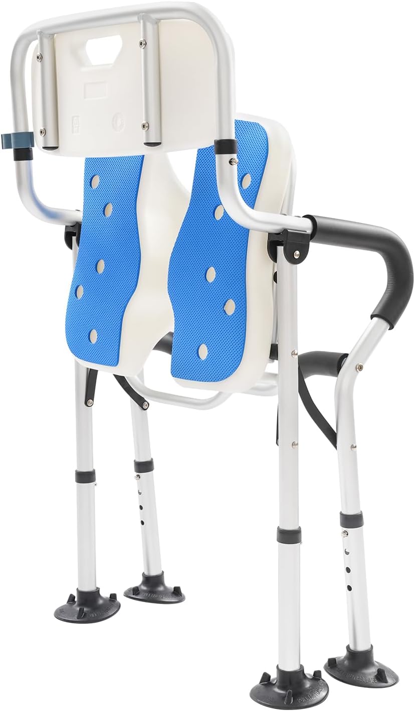 Folding Bedside Commode Chair -Toilet Seat Riser for Seniors Stable Portable U-Shape Seat - Shower Chair for Private Washing, Adjustable Height Chair - Supports Up to 330 Lb (Blue)