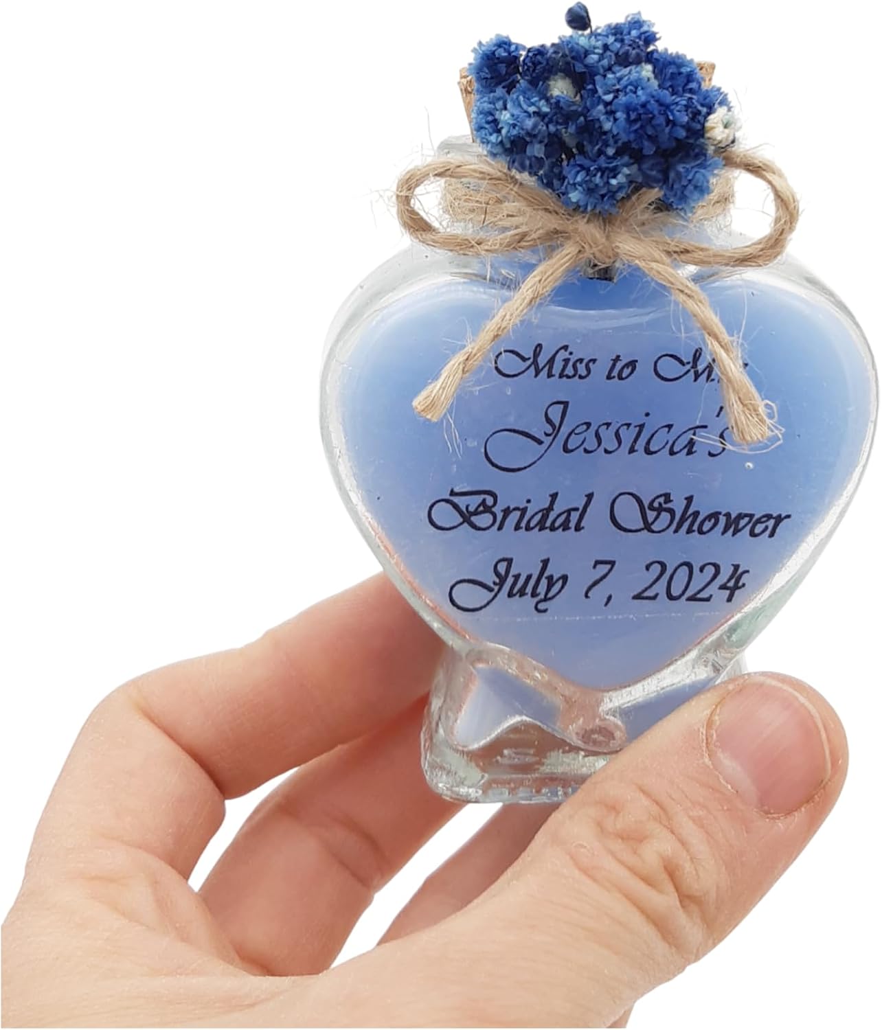 Wedding Favor guest Bulk, Set of Heart Glass Candle Party with custom sticker and dried flowers Bridal Party, Baby shower gifts (Blue Heart Glass, Set of 50)