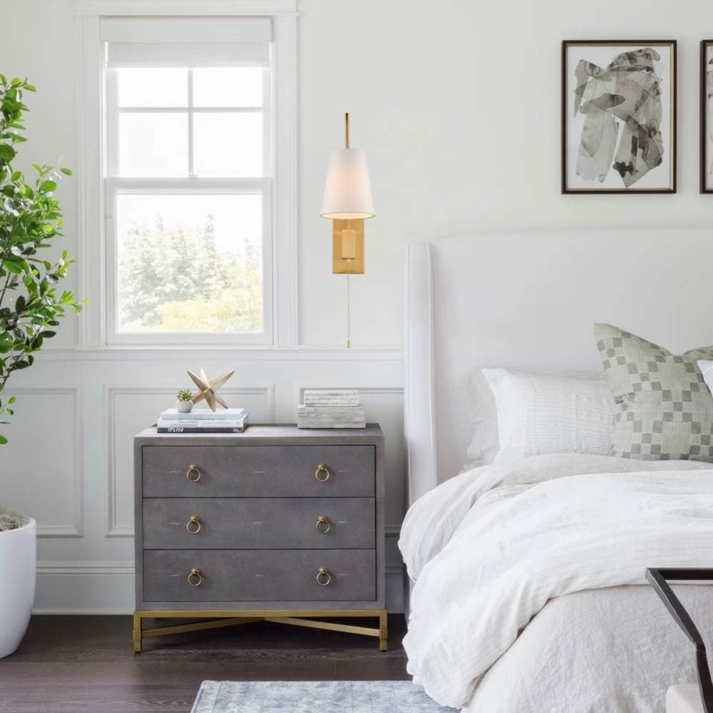 Modern Brass Plug-in Wall Sconces Set of Two Fabric Shade Bedroom Wall Lamp with Pull Chain Switch
