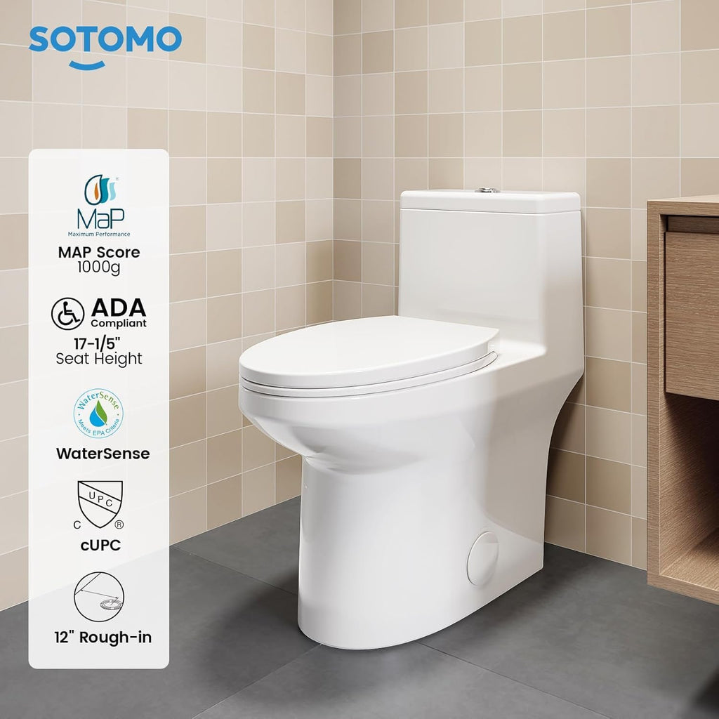 SOTOMO K-0351DF Elongated One Piece Toilet, ADA Comfort Seat Height 17.2', Dual Flush 1.1/1.6 GPF Compact Toilet, Soft-Close Seat, 12' Rough-In, MAP 1000g for Bathrooms, Modern White Skirted Toilet