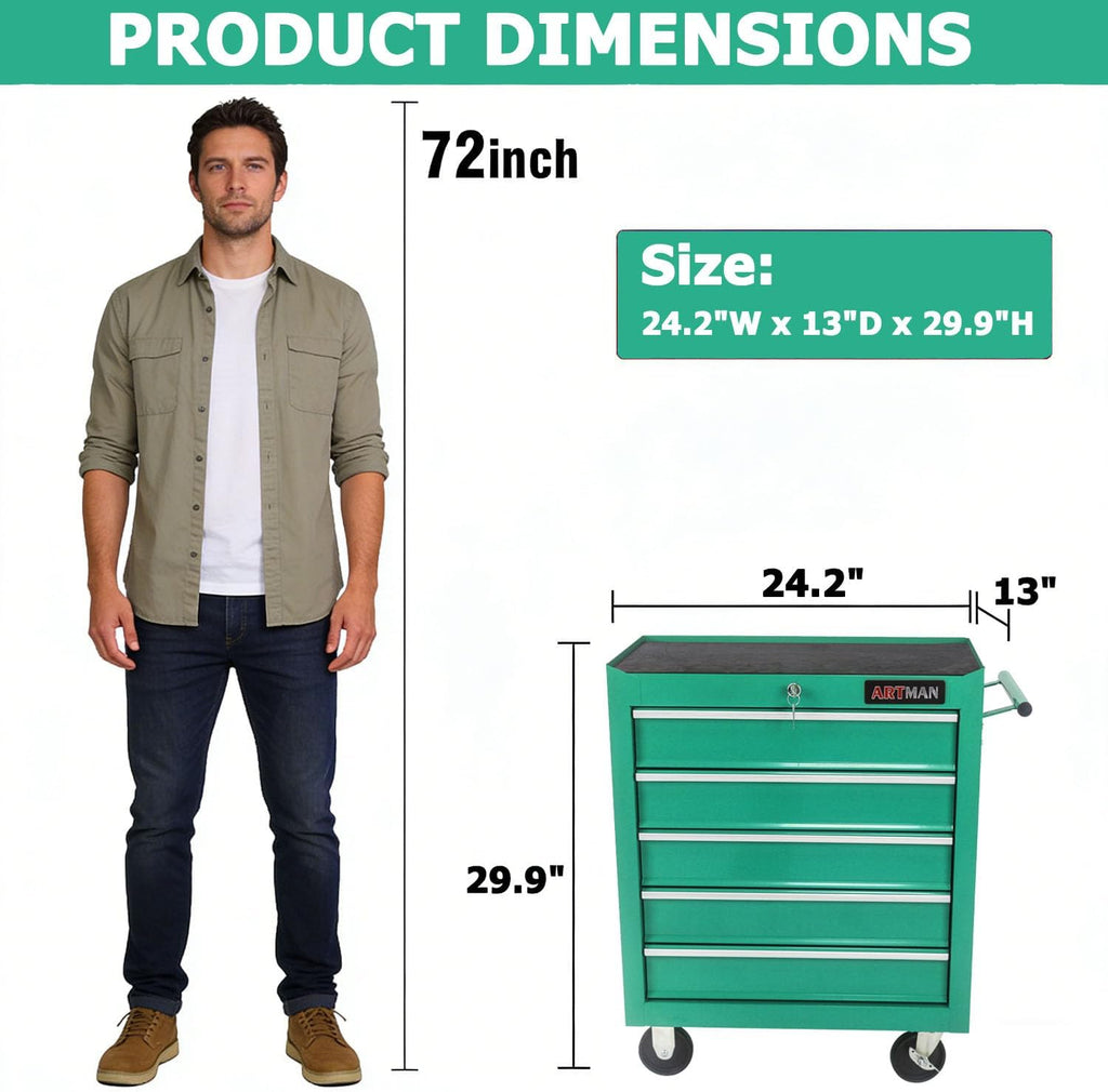 5-Drawer Tool Cart on Wheels, Drawers Rolling Tool Chest with Key Lock, Mobile Trolley Organizer Tools Box with Locking Wheels & Ball Bearing Drawers for Garage,Warehouse,Repair Shop (Green)