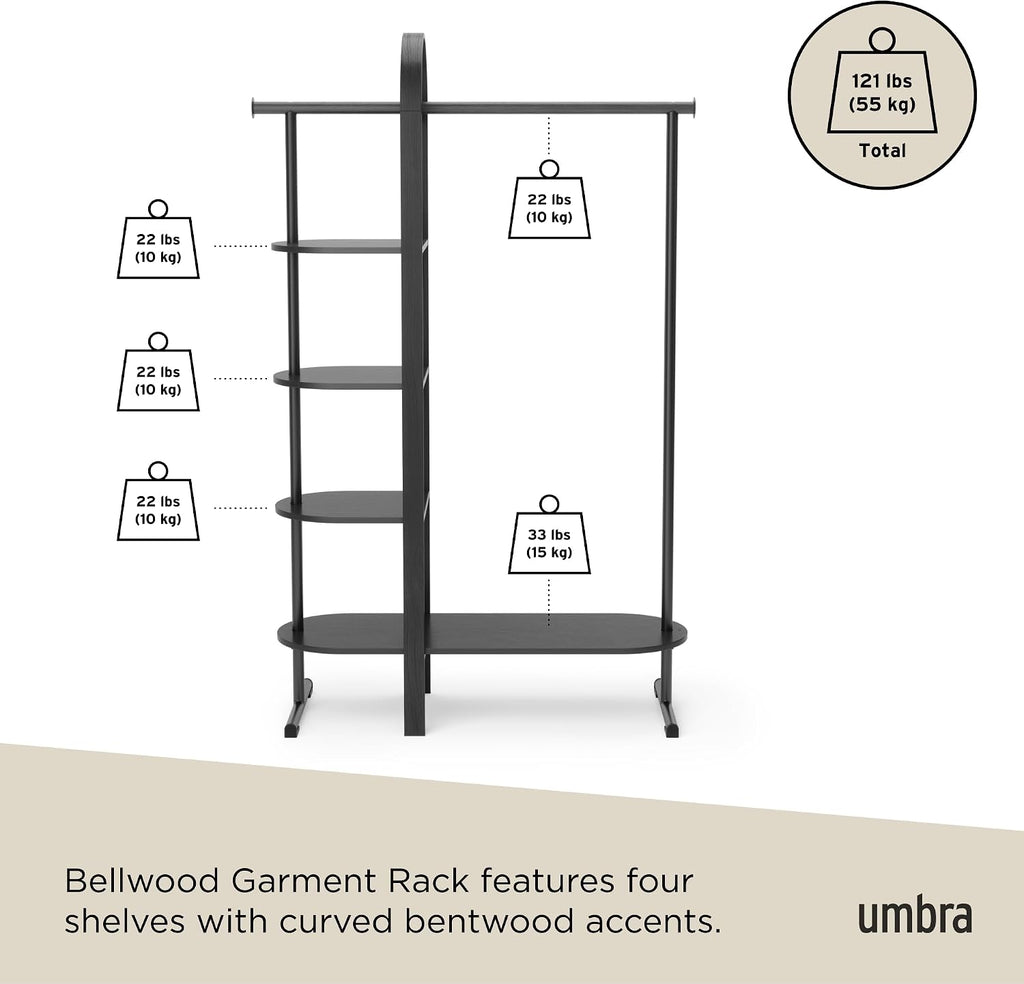 Umbra Bellwood Garment Rack Clothes Stand for Clothing, Coats, Dresses, with Shelf for Shoes and Accessories, Black