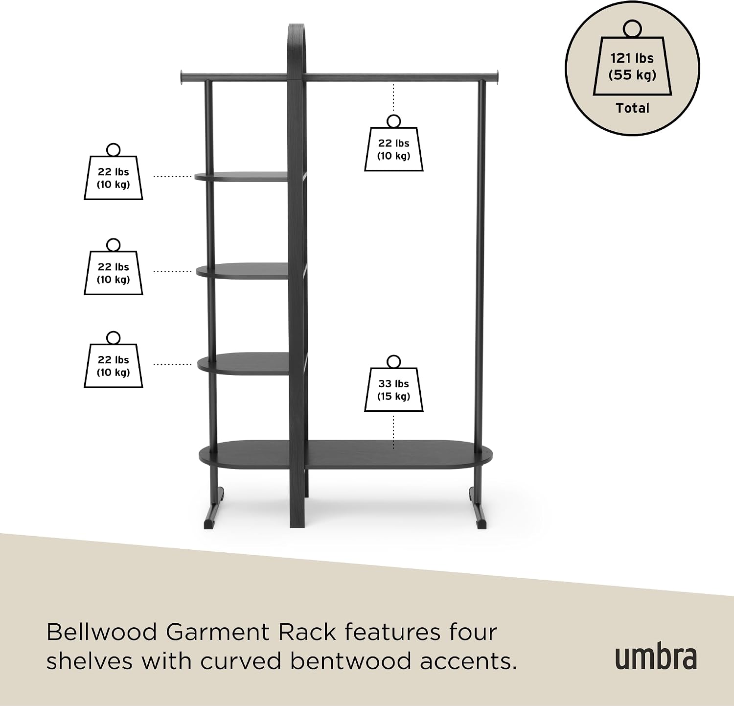 Umbra Bellwood Garment Rack Clothes Stand for Clothing, Coats, Dresses, with Shelf for Shoes and Accessories, Black
