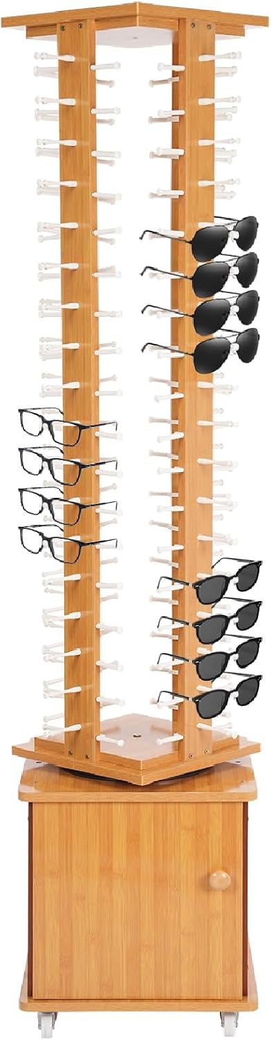 Rotating Glasse Display Stand,72 Pairs Floor-Standing Sunglasses Display Rack w/4 Swivel Wheels,Rotating Eyewear Holder Sunglasses Organizer (Light Brown)