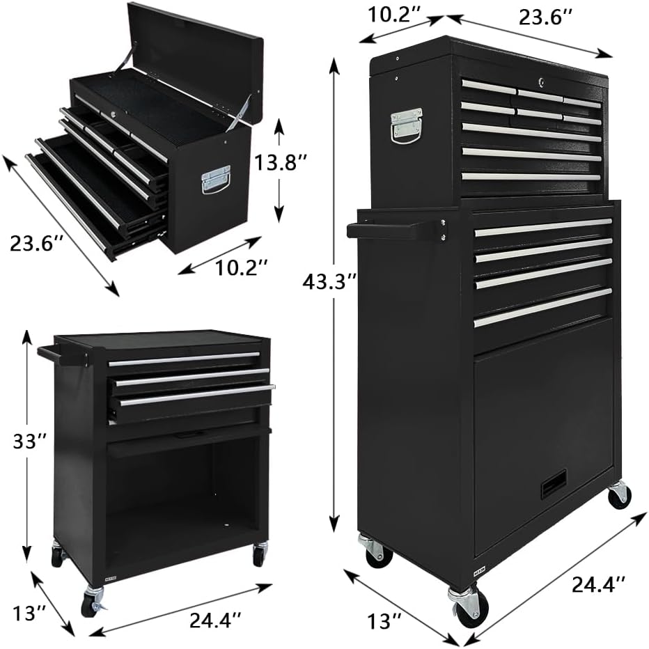 13-Drawer Tool Chest with Toolbox and wheels, Large Detachable Tool box with Sliding Drawers, Mechanic Storage Cabinets, Metal Tool Cart for Garage Workshop (BLACK)