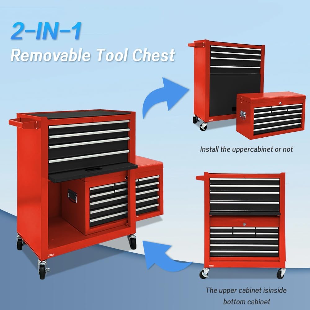 13-Drawer Rolling Tool Chest, 2-in-1 Heavy Duty Detachable Storage Cabinet with Lockable Wheels & Removable Top Box, 600 lbs Capacity for Mechanics, Garage Workshop (Red＆Black)