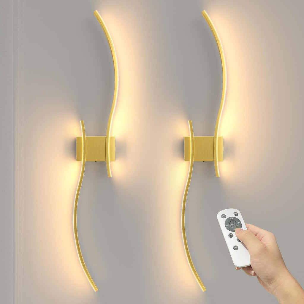 NIORSUN 39.4 Inch Battery Operated Wall Sconce Set of 2, Gold Modern Rechargeable Wall Lights with Remote, 3CCT Dimmable Wireless Wall Lamp for Living Room Bedroom Hallway