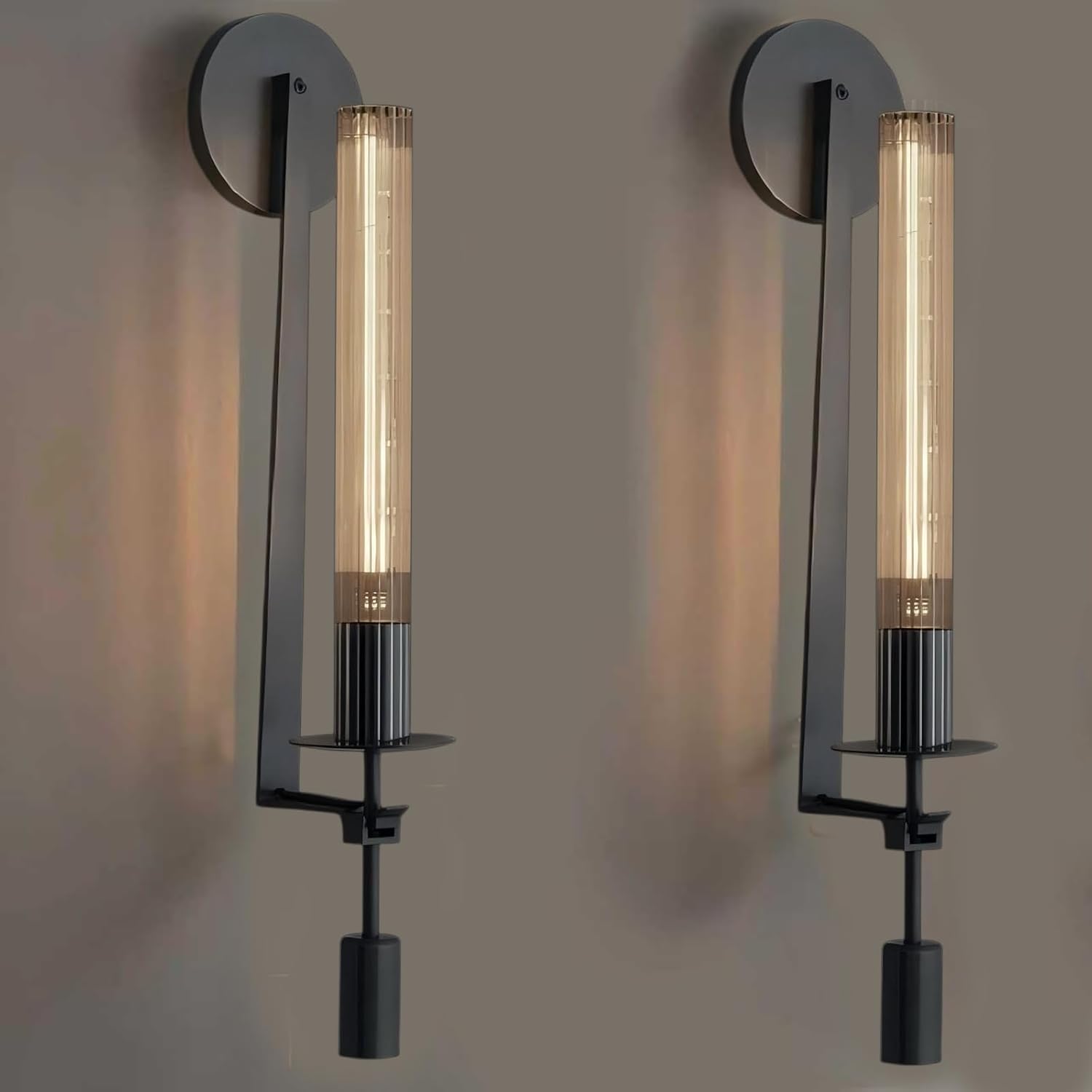 LIGHTLAND Black Wall Sconces Set of 2, 28 Inch Modern Metal Glass Wall Light Fixture, Wall Lamp for Living Room Bedroom Hallway