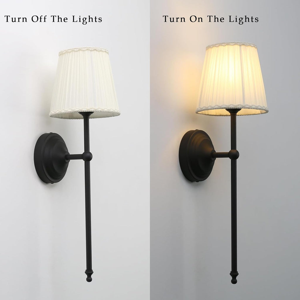 Phansthy Hardwired Brass Boho Wall Sconces Set of 2, Vintage Industrial Wall Lights 2 Pack, Vanity Light Wall Lamps with Lace Gauze Shade for Bedroom Living Room Hallway Decor (Black + White Shade)