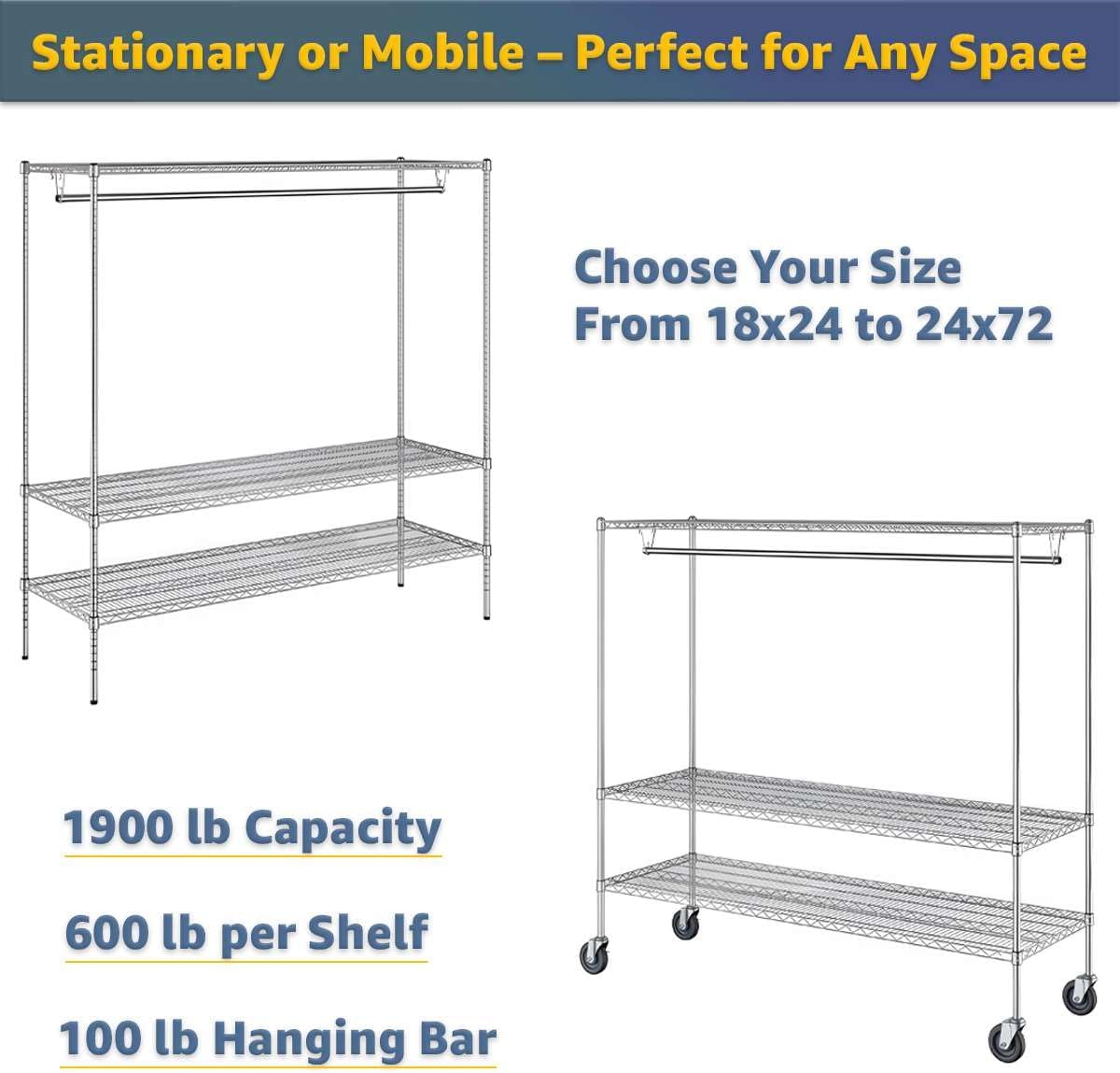 18' x 24' x 74' NSF Chrome Clothes Rack, Heavy Duty Garment Shelf Organizer for Clothes and Shoes