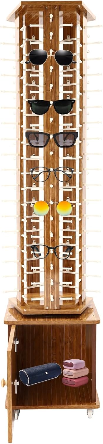 Rotating Sunglasses Organizer 5-Sided Eyeglass Display Stand With Wheels 90 Pairs Capacity 360° Rotating Sunglasses Rack Eyewear Organizer for Retail Shop (Dark Brown)