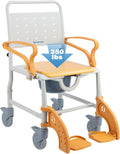4-in-1 Rolling Shower Commode Chair with Drop Arms & Locking Casters, Anti-Tilt Heavy Duty Bedside Safety Seat for Elderly, High-Visibility Orange, 350lbs Capacity