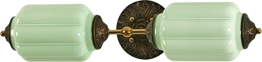 Vintage Milk Glass Bathroom Vanity Light - 25' Green Dimmable Wall Sconce with Bulb - Mid Century Vertical or Horizontal Mounted Sconces - Modern Brass Gold Lighting Fixture for Indoor Bedroom Hallway