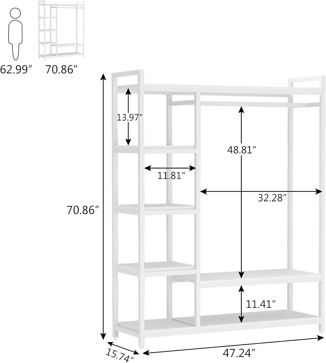 LITTLE TREE Free Standing Wood Closet Clothes Rack,Heavy Duty Grament Rack with Shelves,Hanging Racks for Clothes Clothing Rack for Bedrom,Wardrobe Closet Organizer,350 lb Capacity