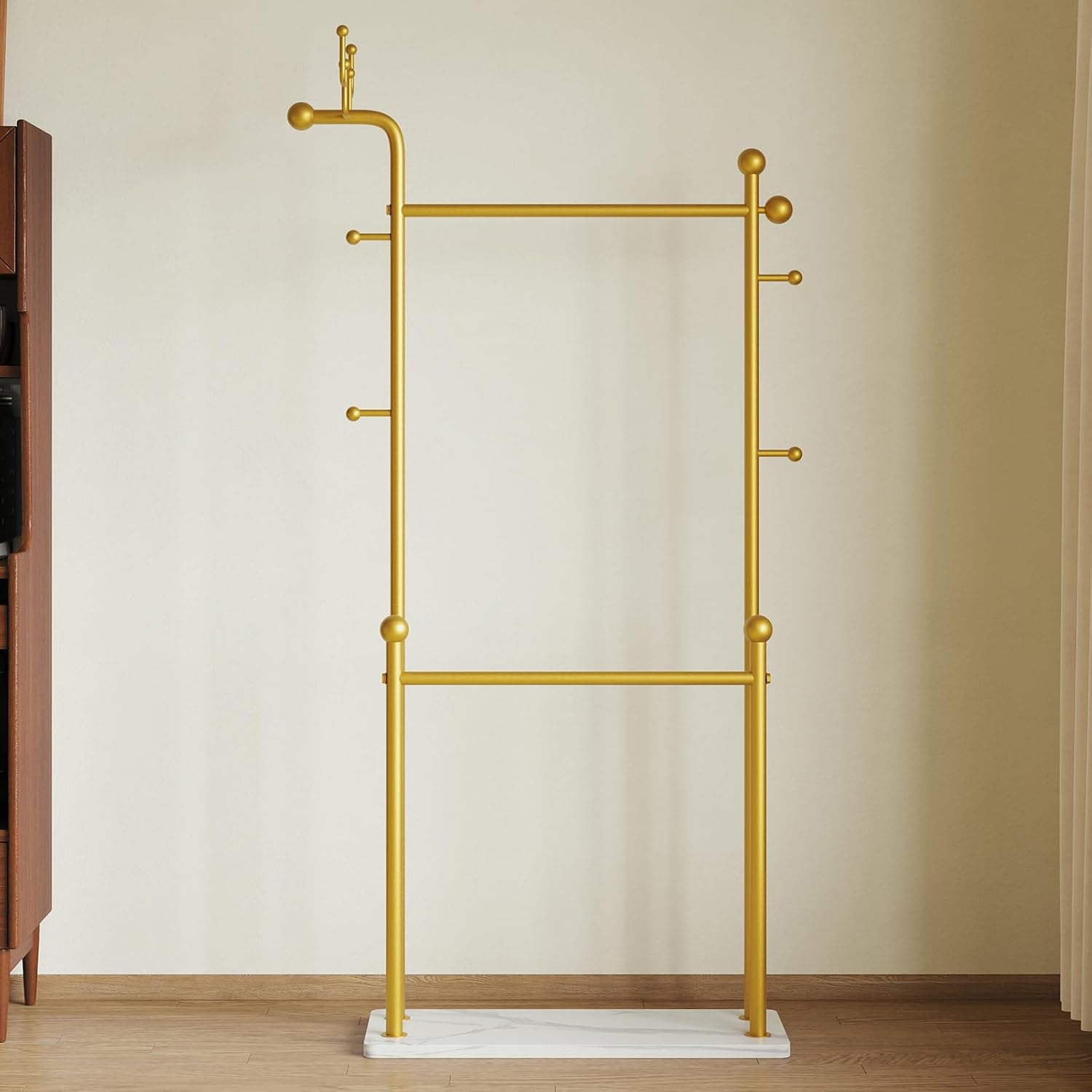 Gold clothing rack marble base,Heavy Duty Clothes Rack for Hanging Clothes,Double Rail Garment Rack with Hooks for Home Retail Boutique (gold)