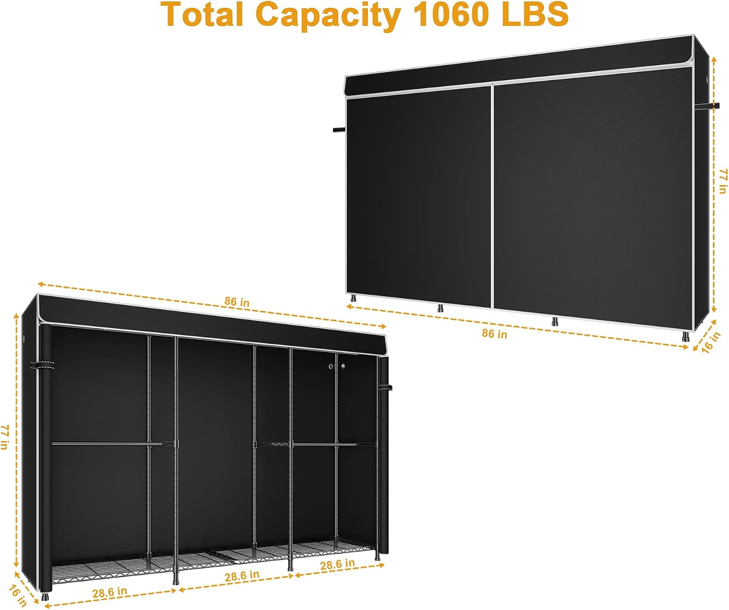ULIFHOME E14C Max Heavy Duty Closet Organizer System，Freestanding Clothing Racks for Hanging Clothes，Adjustable Garment Rack 86' W × 16' D × 77' H Hold 1060 lbs，Black Rack with Black Cover