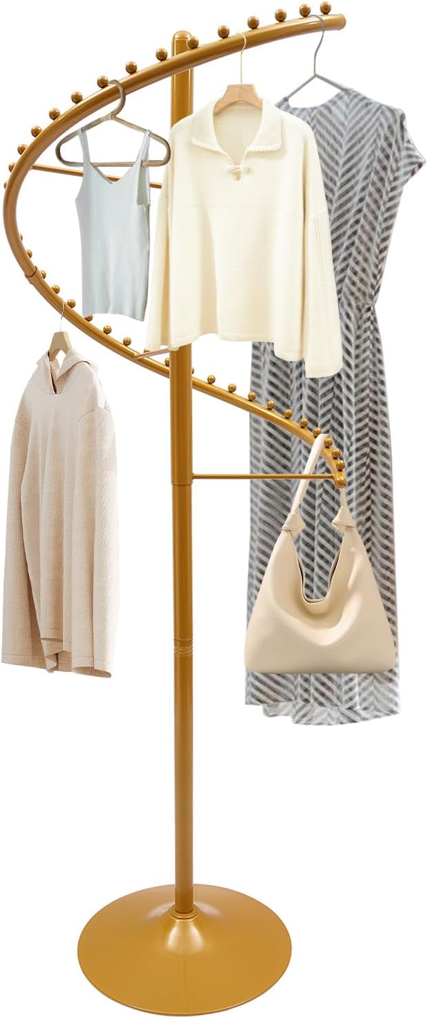Spiral Rotating Clothing Rack, 360° Spiral Retail Costumer Heavy Duty Garment Rack with 38 Ball for Retail Stores, Bedroom, Living Rooms (Gold)