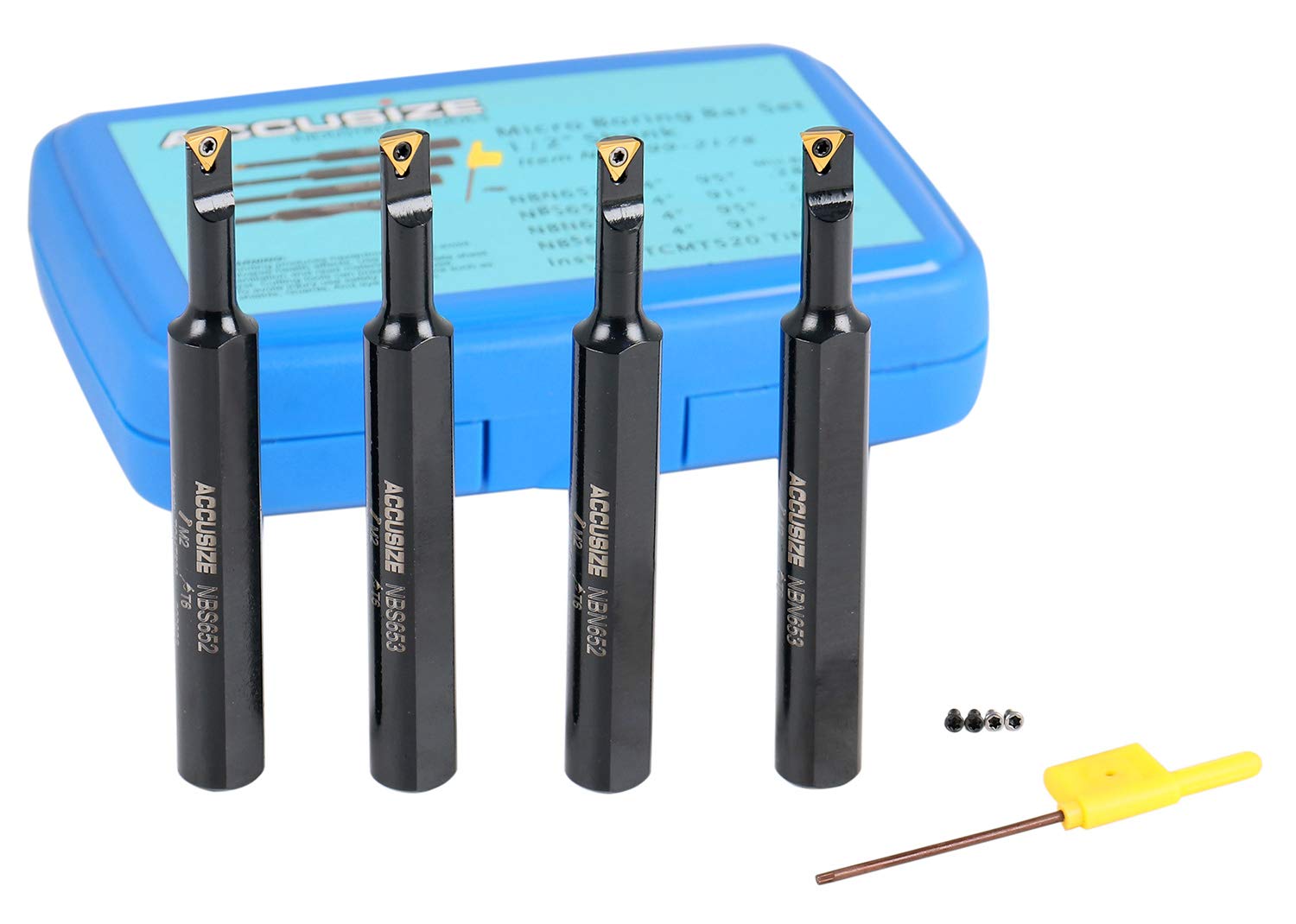 Accusize Industrial Tools Round Shank Indexable Boring Bar, 1/2 in | 4-Piece Mini Set, 95 Degree and 91 Degree Entry Angle, TiN Coated TCMT520 Inserts, EJ99-2178
